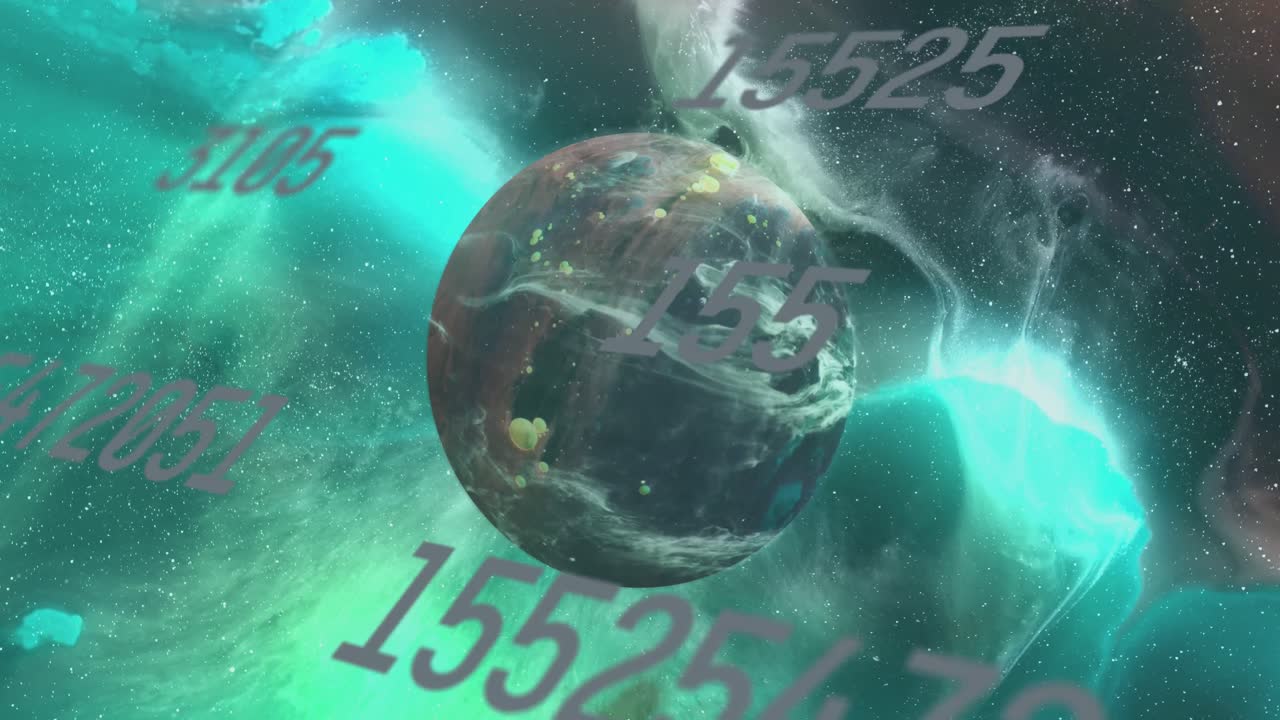 우주에서 행성에 대항하여 여러 번 변하는 숫자의 애니메이션