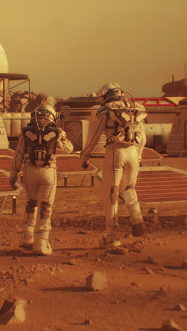 two astronauts in spacesuits walk toward research station, colony or scientific base on mars. solar cell and panels. space mission on red planet. vertical shot