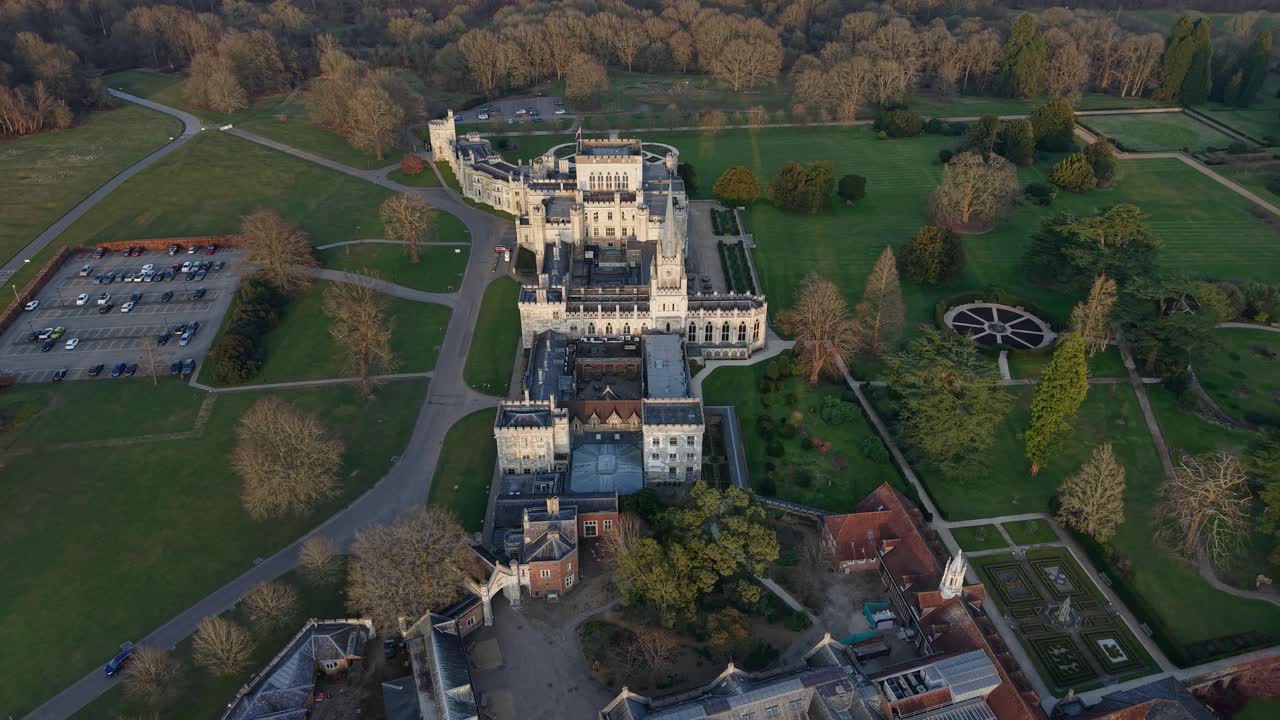 Aerial view of Historic English mansion and grounds during golden hour in Hertfordshire, Ashridge House, UK