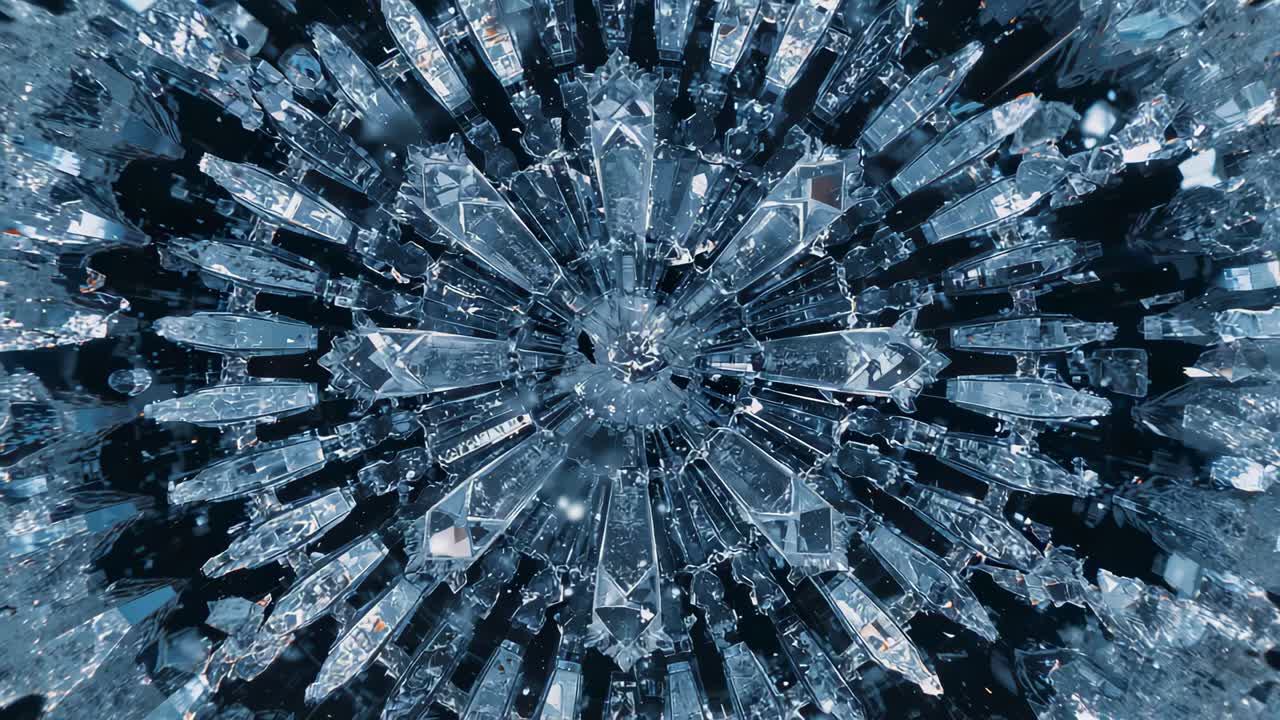 Moving camera tightening focus on central crystalline core at studio, revealing prismatic spokes