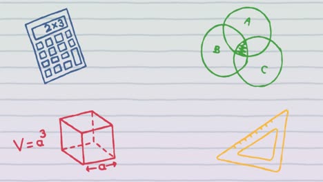 animación de múltiples iconos de concepto escolar contra el espacio de copia en fondo de papel con líneas blancas.