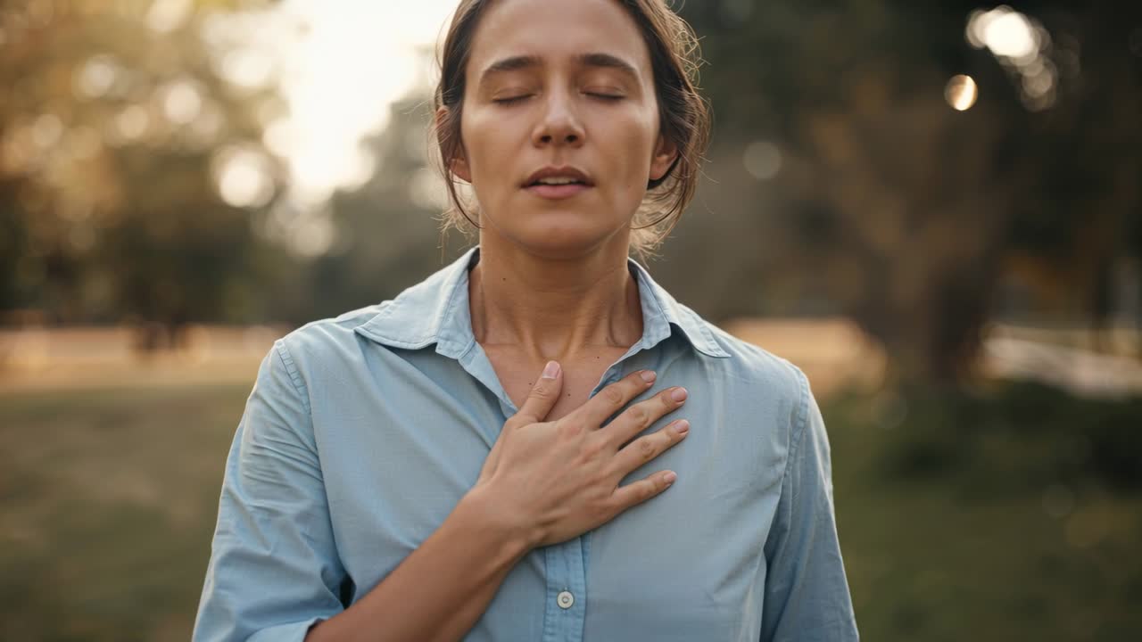Di fronte alla telecamera al parco, donna in camicia azzurra che chiude gli occhi, portando una mano al petto, concentrandosi.