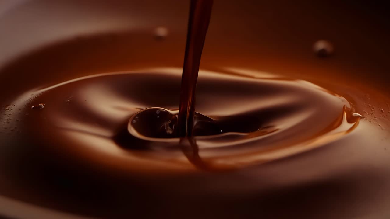 A bowl of chocolate sauce with a lot of bubbles. The bubbles are in the middle of the sauce and are spread out