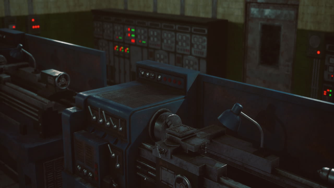 Industrial machinery and control panel in a dimly lit workshop at dusk