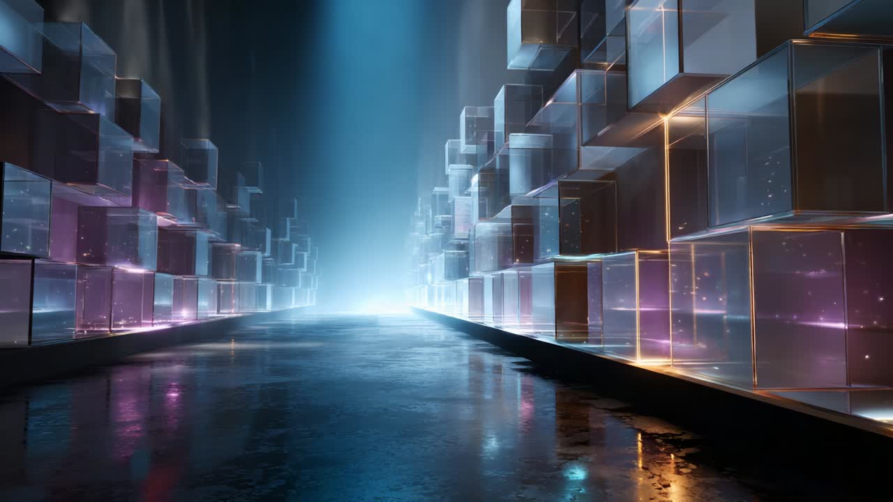A Mystical Corridor of Glowing Cubes and Ethereal Light: A Journey Through an Enigmatic Space Filled with Luminous Structures and Reflective Surfaces Leading Towards an Unknown Destination
