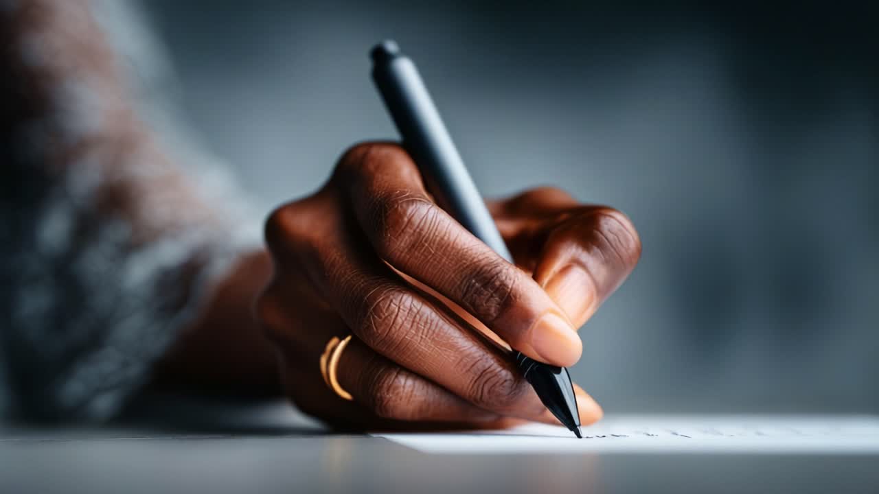 A Close-up View of a Hand Holding a Black Pen, Capturing the Art of Writing While Focusing on the Elegance of Hand Movements and the Texture of the Paper Beneath