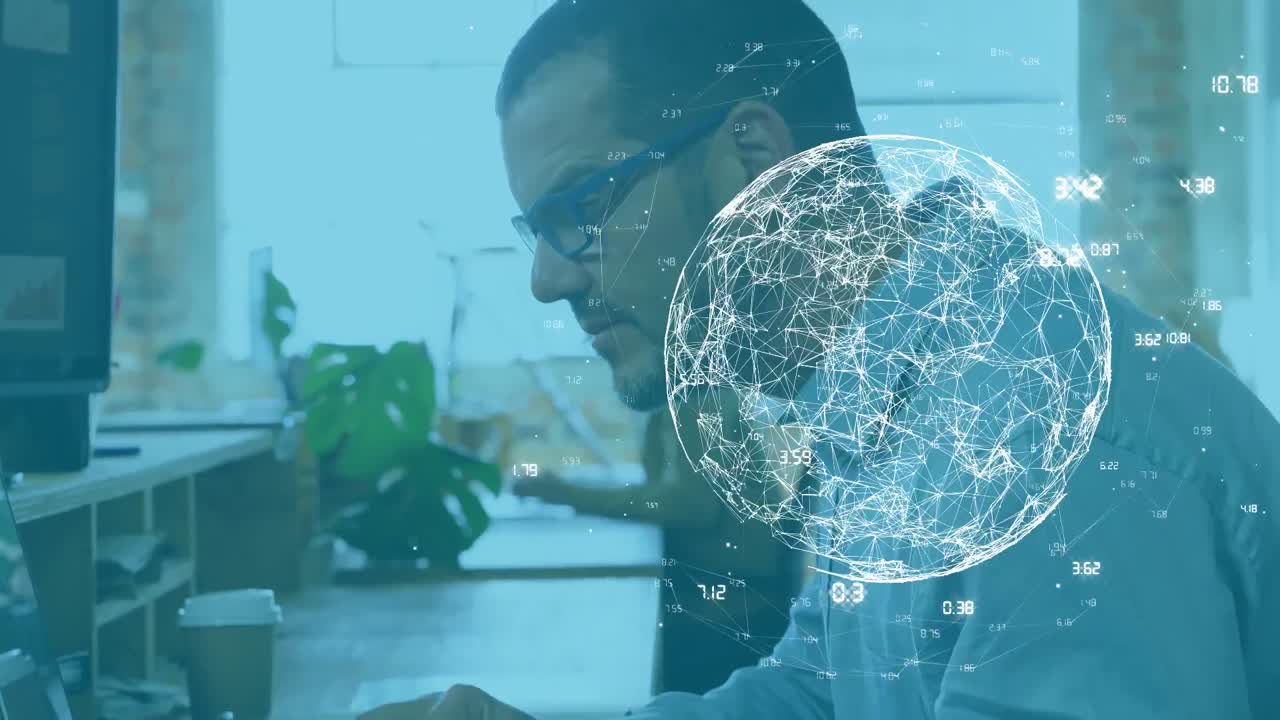 Animation of globe over businessman using computer