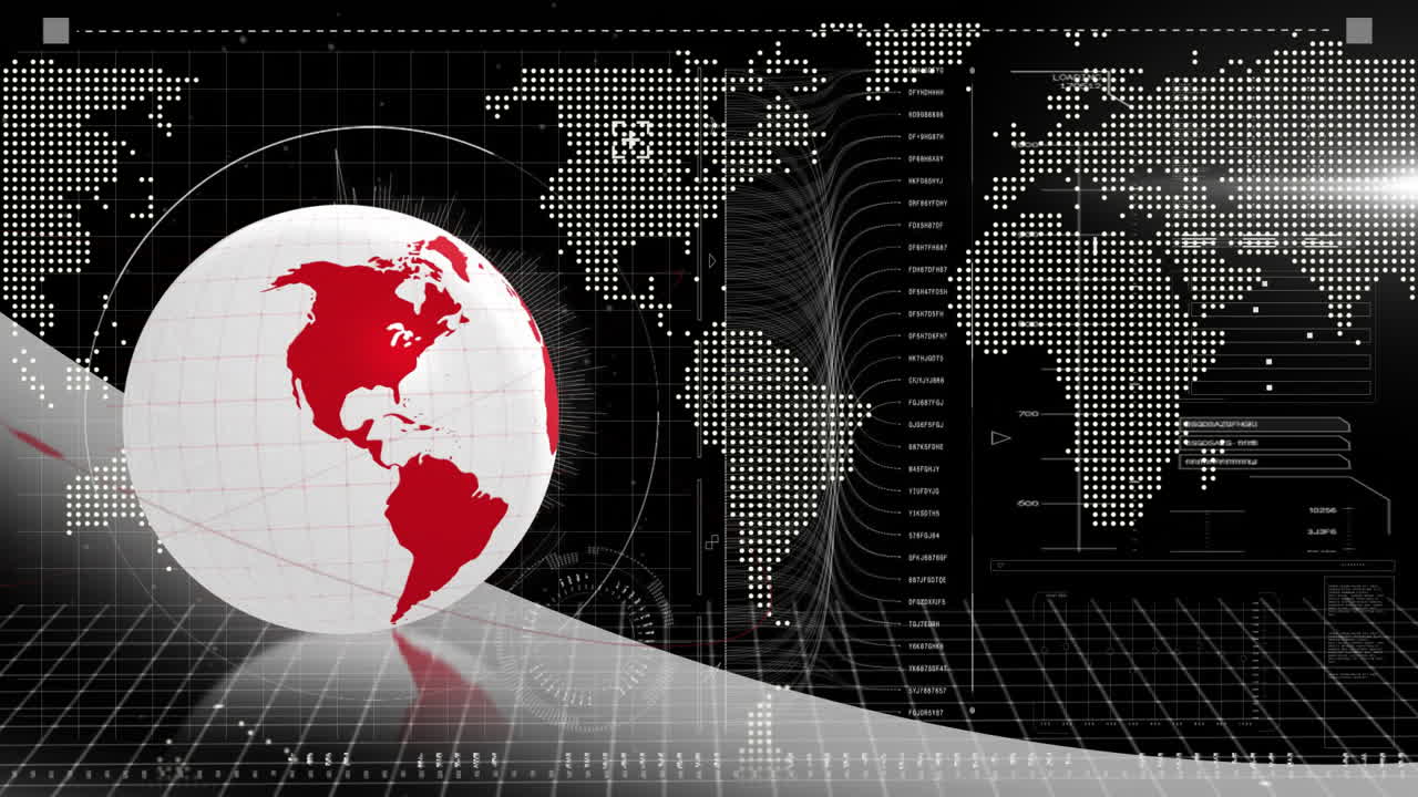Animation of red and white globe with digital world map and data elements