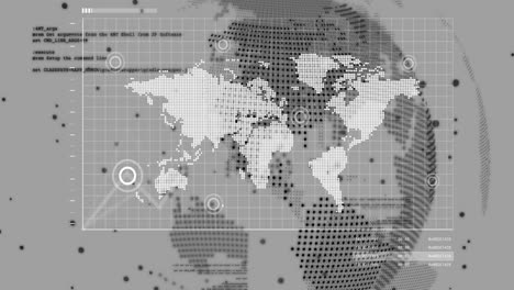 Animación-Del-Procesamiento-De-Datos-Y-Mapa-Mundial-Sobre-El-Globo-Sobre-Fondo-Gris