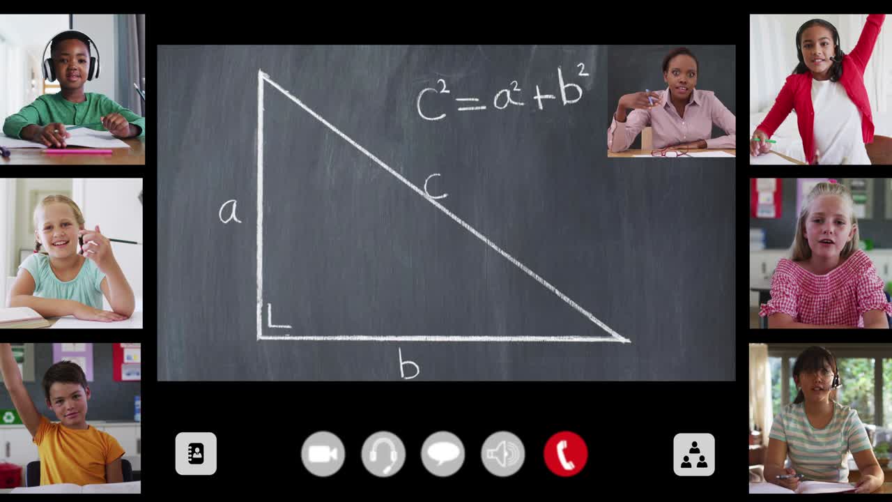Animation of interface screen with chalkboard, teacher and six diverse children in online lesson
