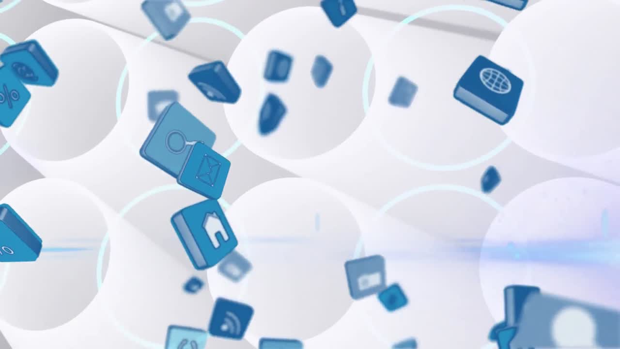 디지털 아이콘의 큐브가  ⁇  바탕에 원형 모양에 맞춰 떨어지는 디지털 애니메이션