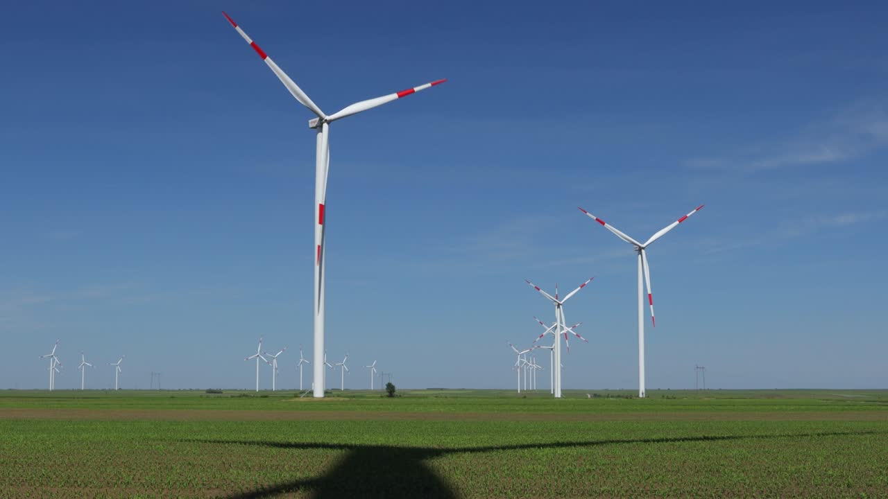 Long shadow under windmill, large wind power turbines spinning to generating clean, green, renewable energy