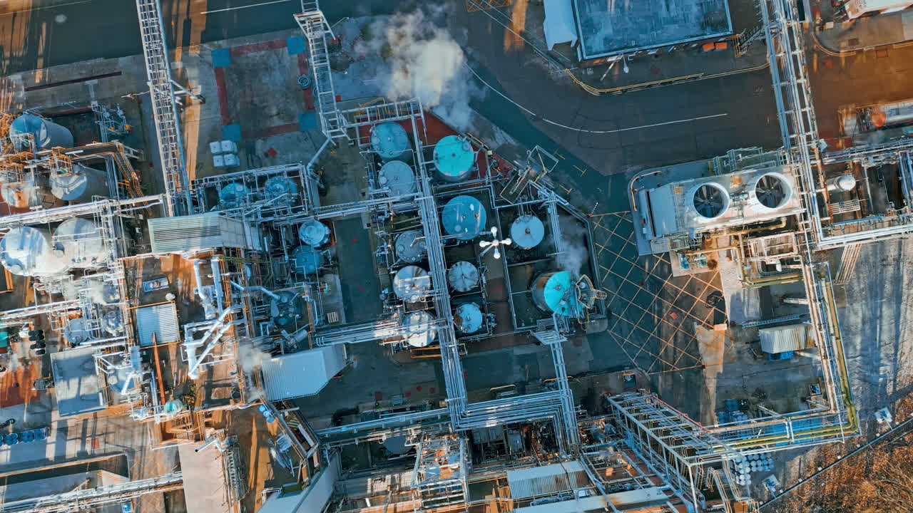 Aerial footage moving towards a large industrial chemical plant, showing pipelines, metal structures, cooling towers and chemical storage