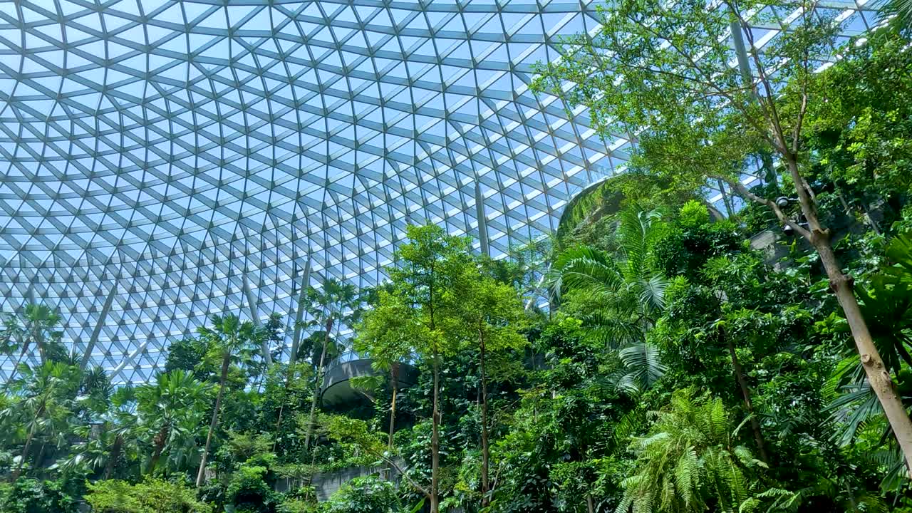Visitors stroll beneath lush greenery and geometric glass ceiling in bright, modern indoor garden