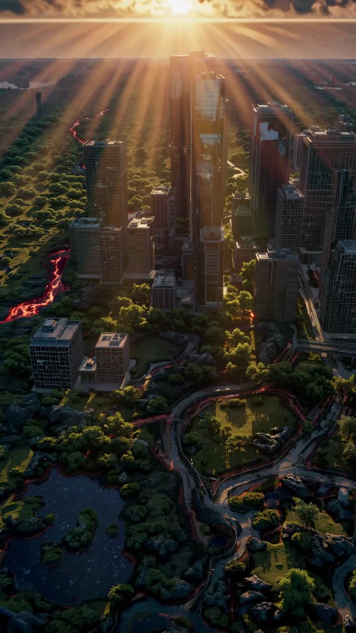 Aerial view of a cityscape at sunset, with dramatic lighting and a winding river