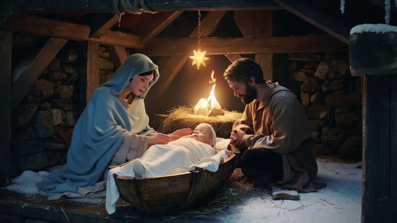 Mary cradling infant in manger under lantern glow, Santa climbing chimney lifting star ornament