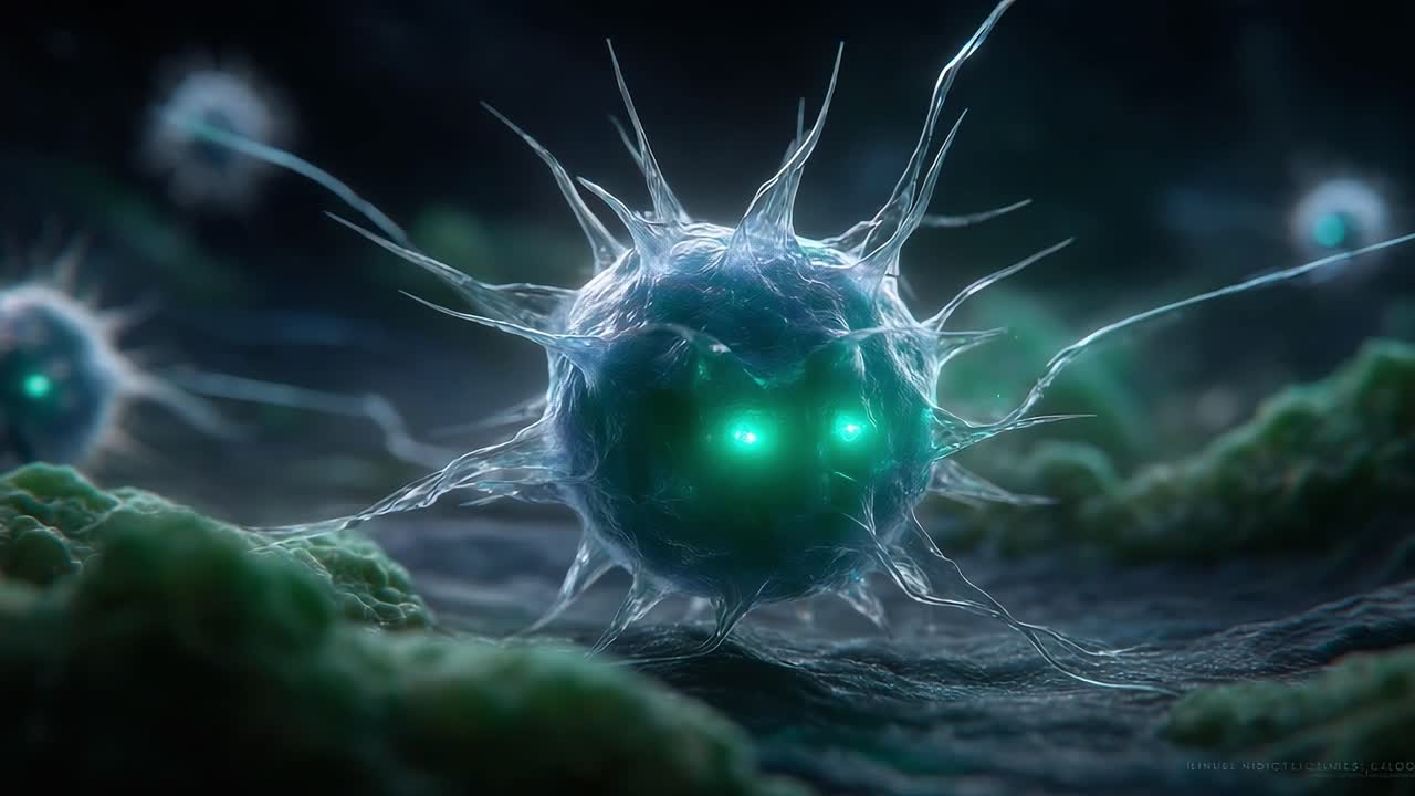 Intricate Details of Microbial Life: A Close-Up Examination of a Glowing, Spiky Microbe in Its Natural Habitat, Capturing the Beauty and Complexity of Cell Structure