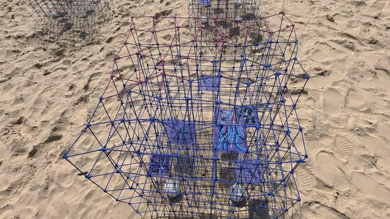 모래 해변 에 있는 다채로운 와이어 조각