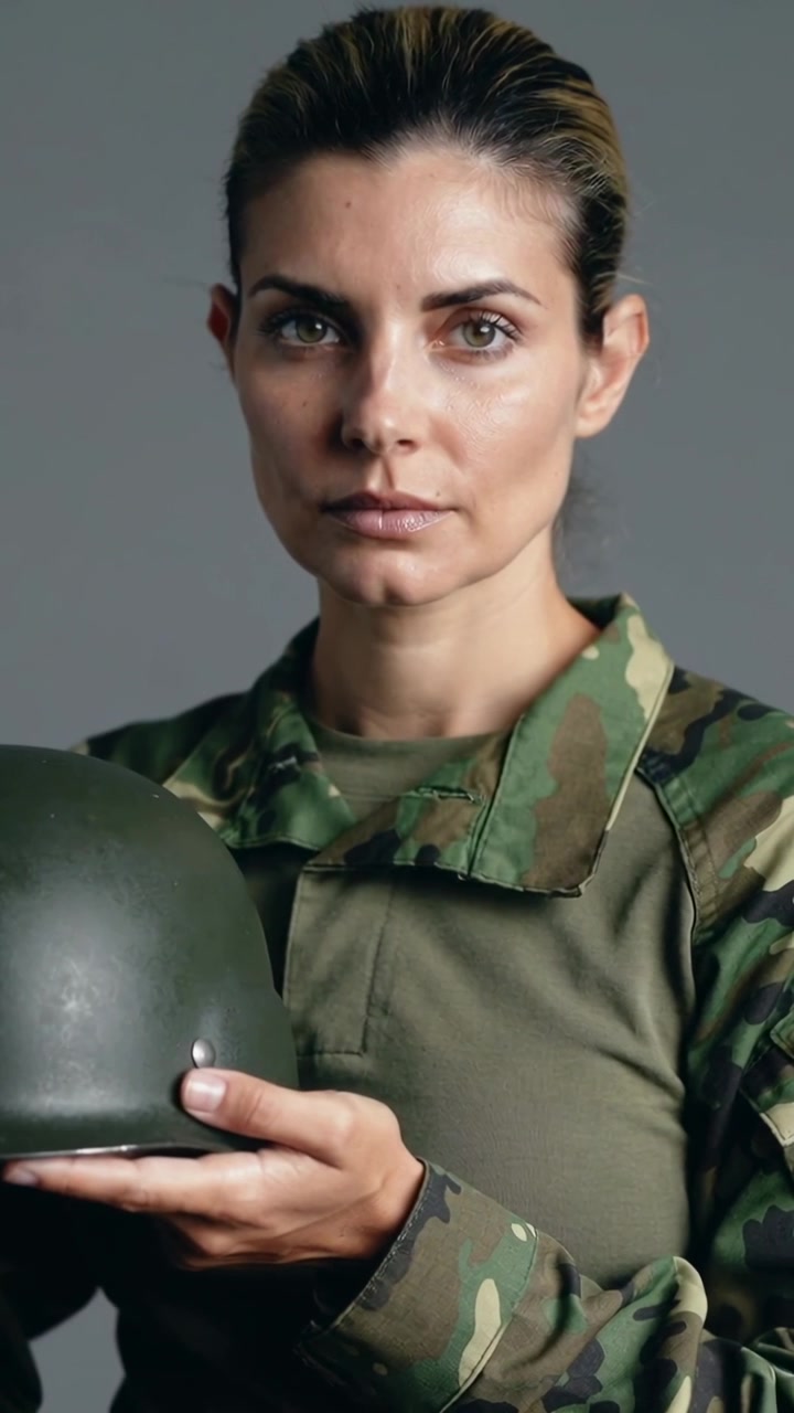 Video vertical: La cámara hace zoom, una mujer sostiene un casco verde, posando en un estudio con ropa de camuflaje y camiseta verde oliva.