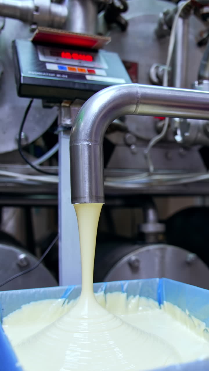 Liquid butter pouring into a large box. Use of spatula to flatten the dairy product in the container. Factory worker holding his hand at the faucet to stop the flow of butter. Vertical video