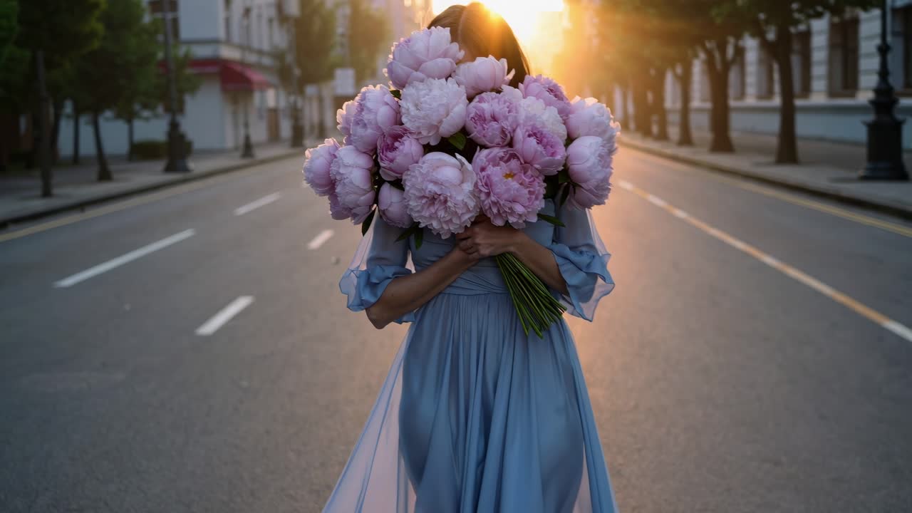 Woman wearing a long elegant dress is standing in the middle of an empty street at sunrise, holding a large bouquet of pink peonies that covers her face, creating a romantic and dreamy atmosphere