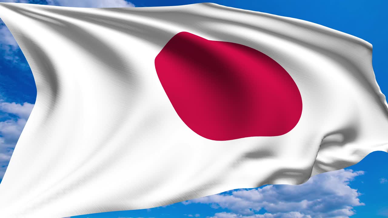 구름이 가득한 하늘을 배경으로 일본 국기 (알파 채널, 루프 가능)