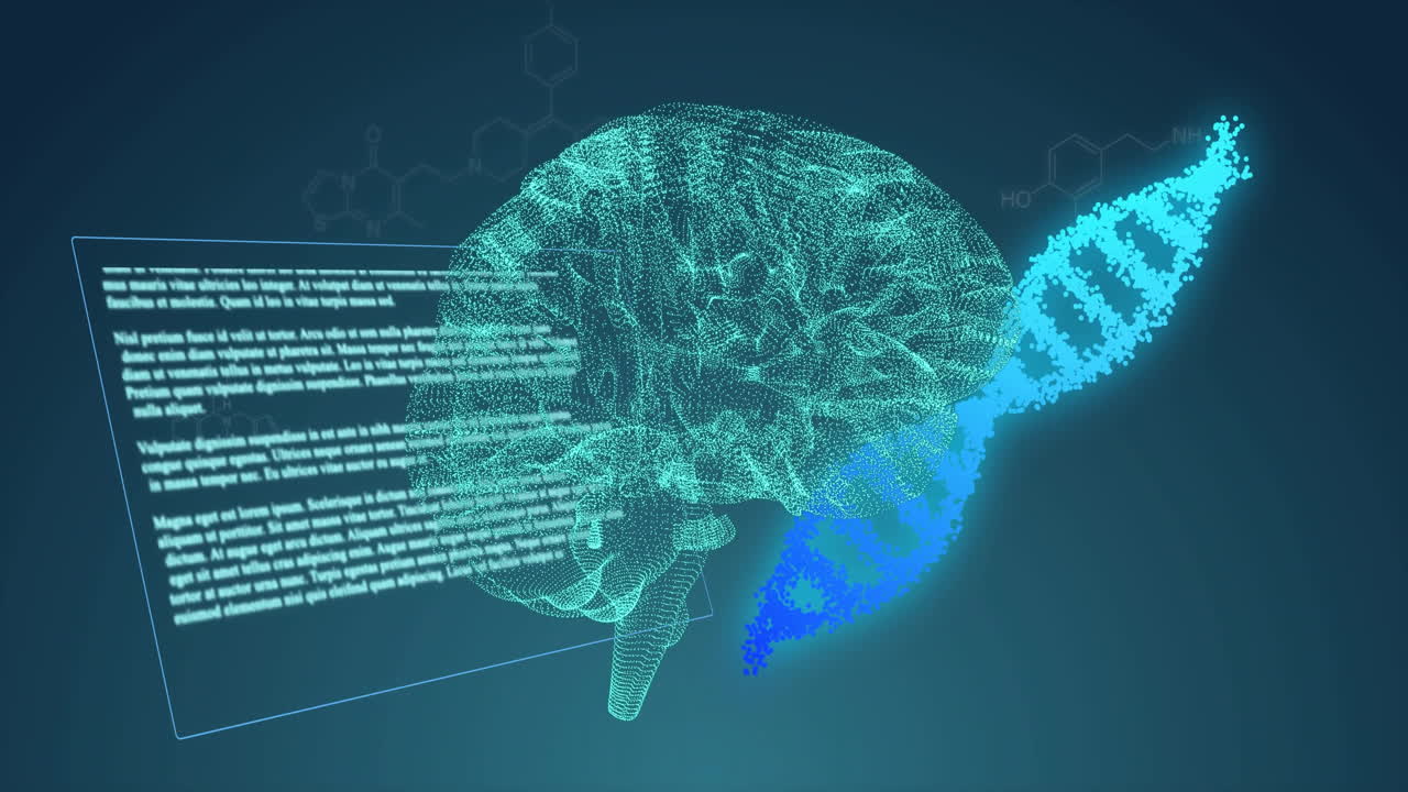 Animation of dna strand and brain over data processing and chemical formula on black background