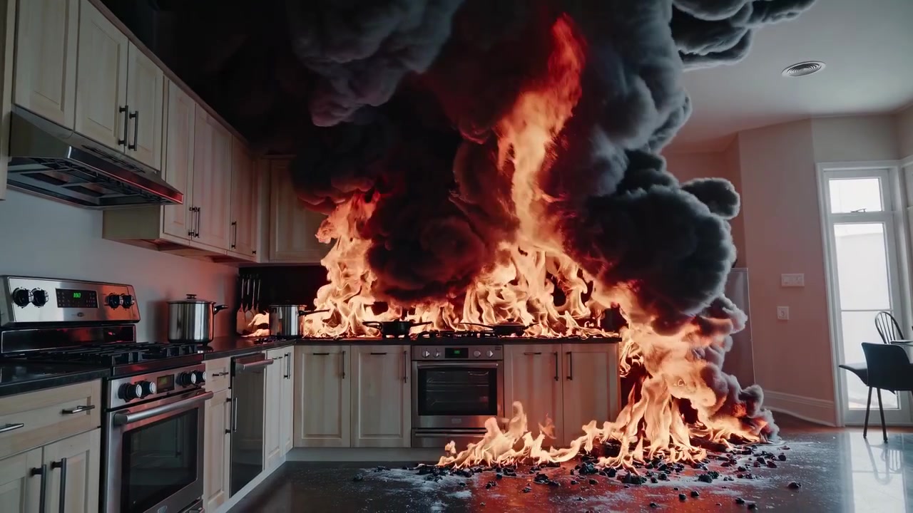 Kitchen Stove Engulfed in Intense Fire and Thick Smoke