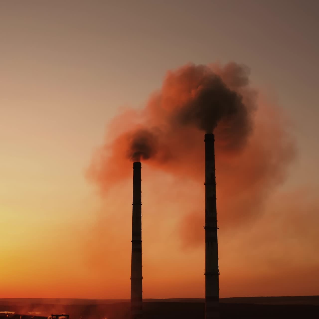 Industrial factory pollution of ecology. Aerial drone footage of factory pipes during sunset time