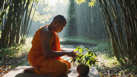 buddhist monk planting in a bamboo forest