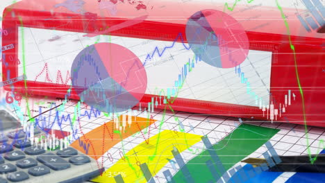 digital composite video of financial data processing against office equipment on desk