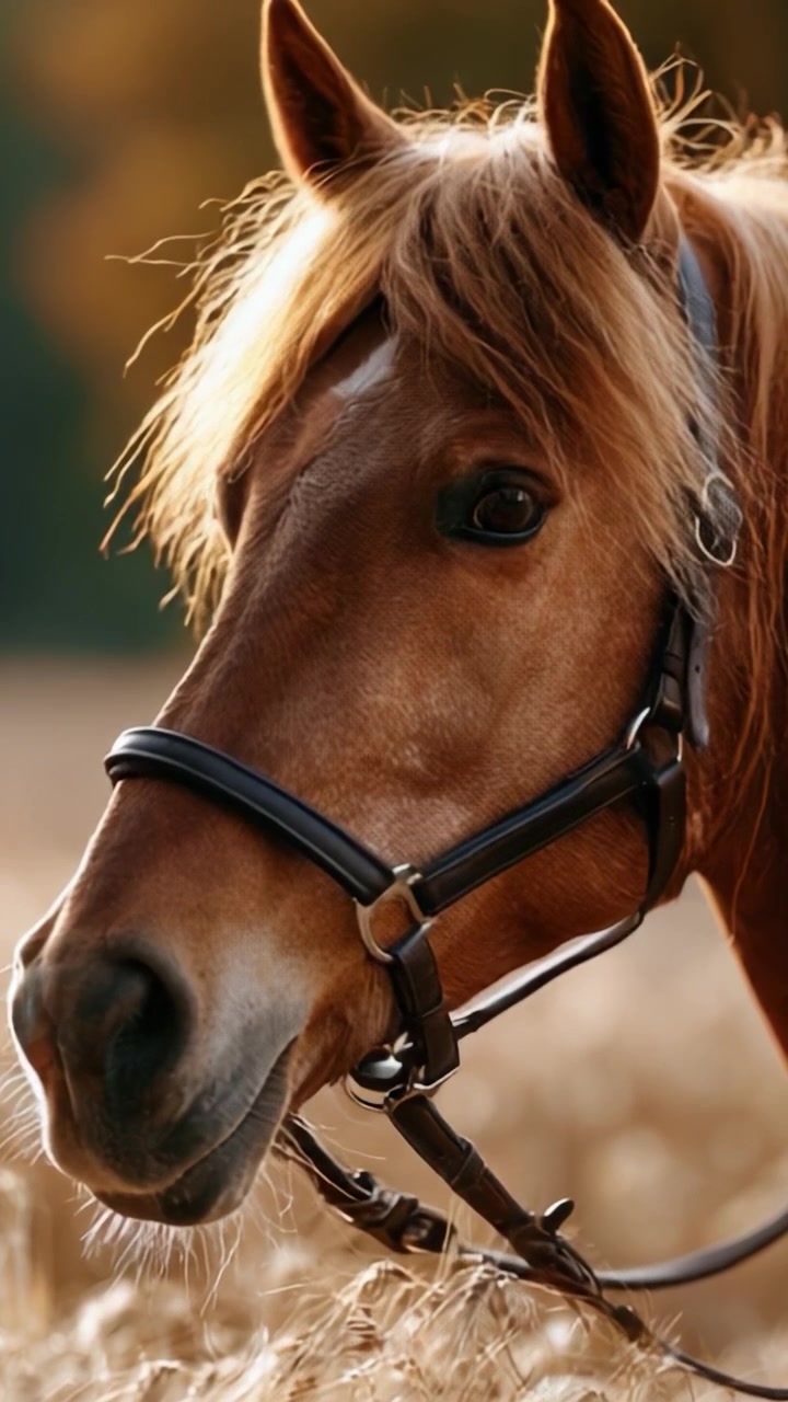 Un cavallo maestoso che riposa in un campo sereno mentre il sole tramonta, caratterizzato dai suoi tratti aggraziati e dalla sua espressione gentile, catturando l'essenza della bellezza della natura.