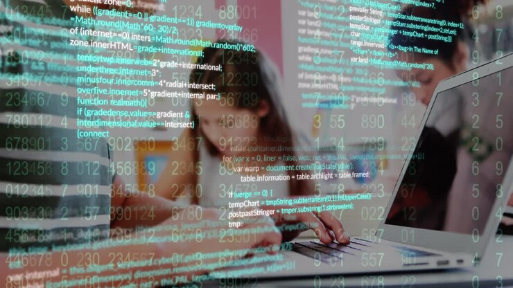 Animation of data processing over caucasian man using laptop