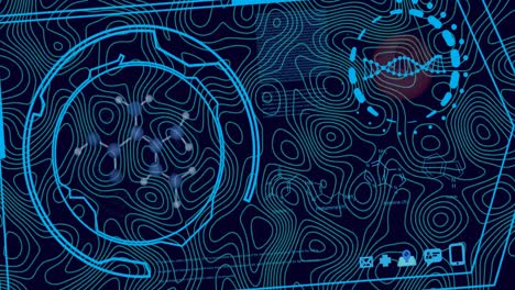 animación del procesamiento de datos sobre fondo negro con isohypses