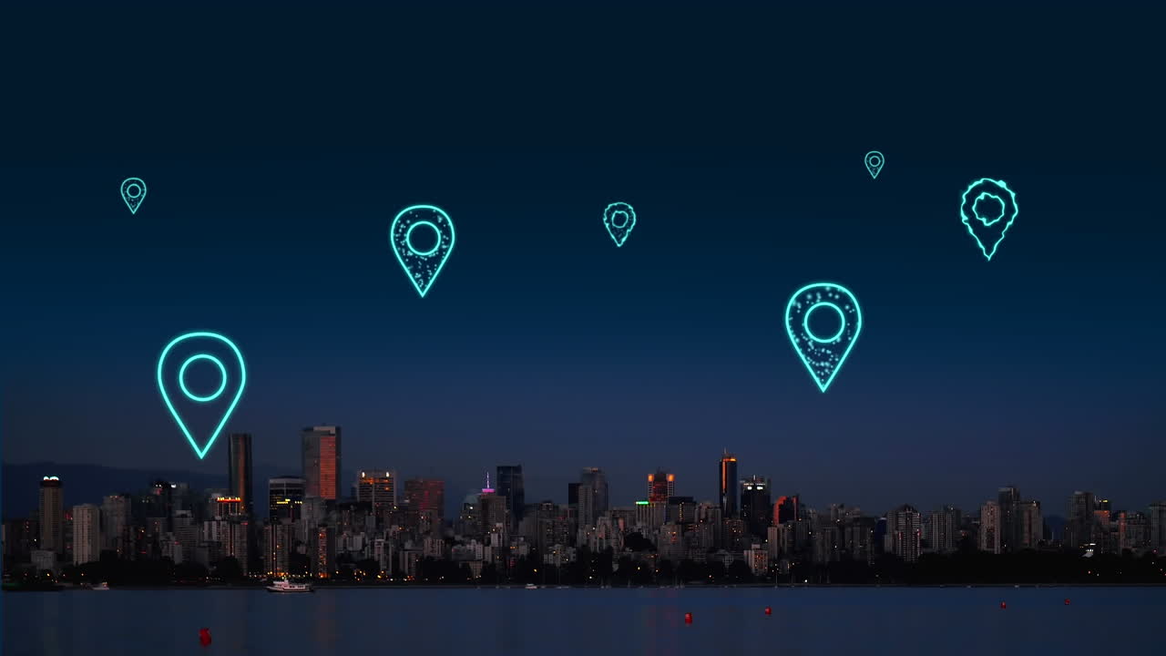 animación de iconos de ubicación digital que vuelan sobre el paisaje urbano