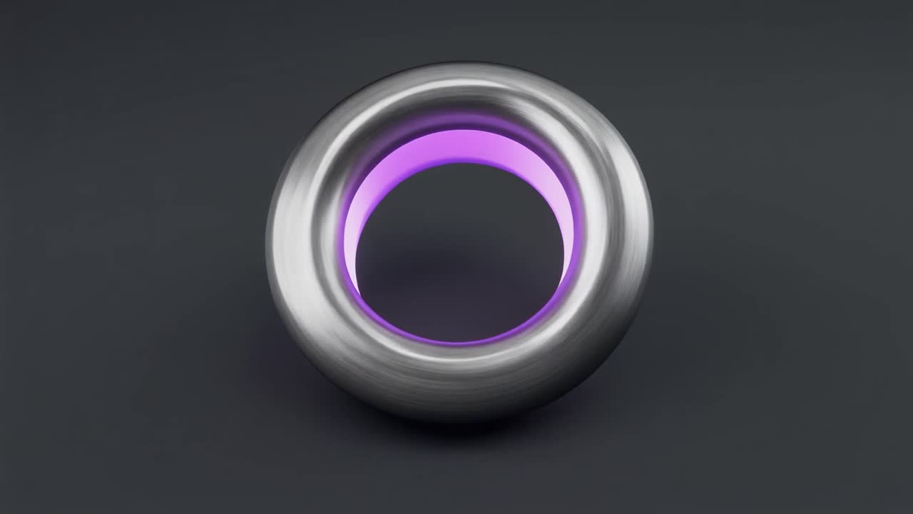 Abstract Metallic Torus Rotating with Glowing Purple Light