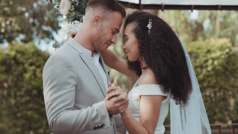 couple, wedding and dancing with touch