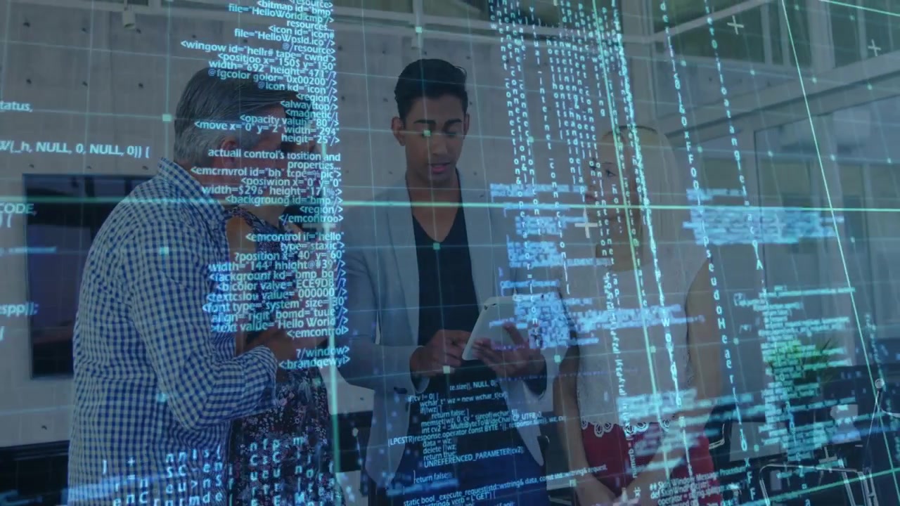 Presenter tapping tablet and team discussing tech demo in office, blue code grid overlaying frame