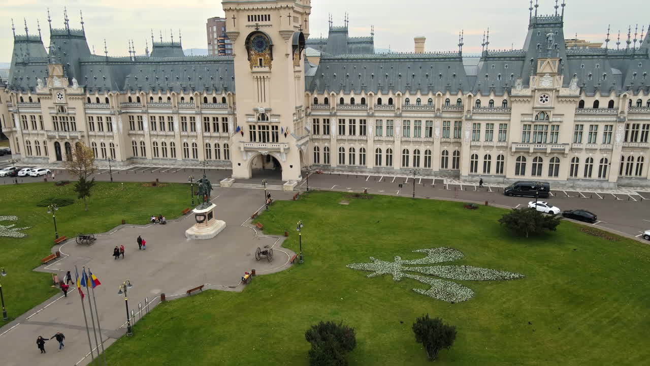 Aerial drone view of central buildings in Iasi, Romania. Square in front of it