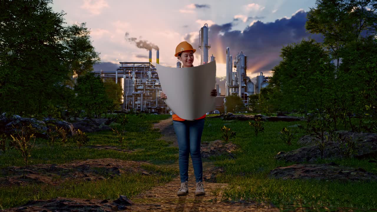 Full Body Of Asian Female Engineer With Safety Helmet Looking At Blueprint In Her Hands And Looking Around While Standing In Front Of Oil Refinery