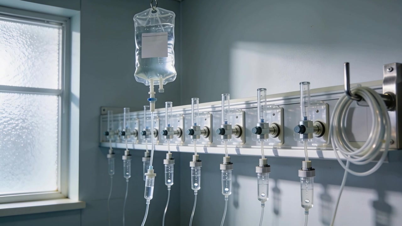 Sacca per flebo che si svuota per gravità attraverso un doppio tubicino in camere di gocciolamento in clinica per infusione
