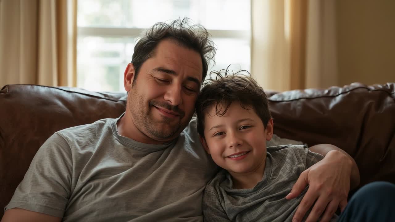 Cámara capturando a un padre y a su hijo posando en un sofá de cuero marrón oscuro en casa, vistiendo camisetas grises