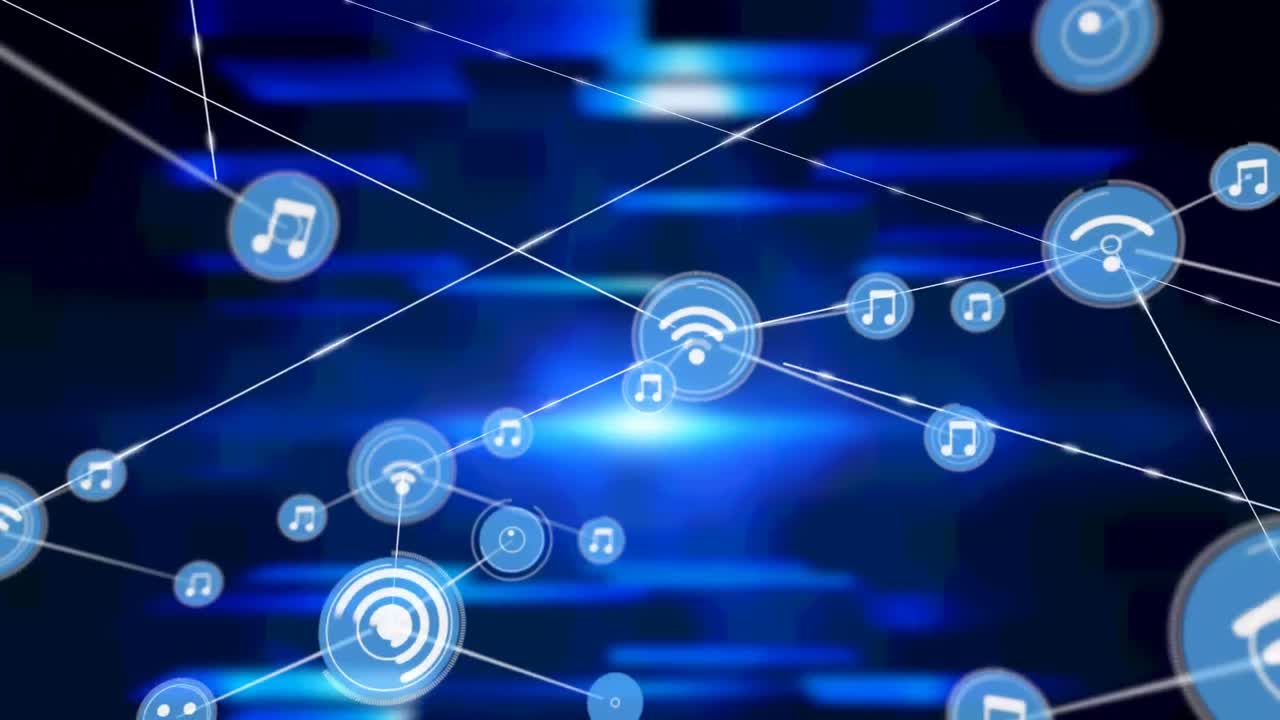 animación de redes de conexiones con iconos sobre formas azules sobre fondo negro