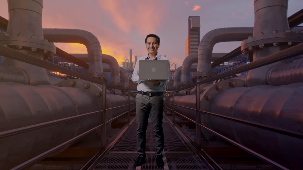 Figura intera di un professionista asiatico in piedi con il suo laptop, rete di condotte industriali al tramonto, che guarda la fotocamera con un sorriso.