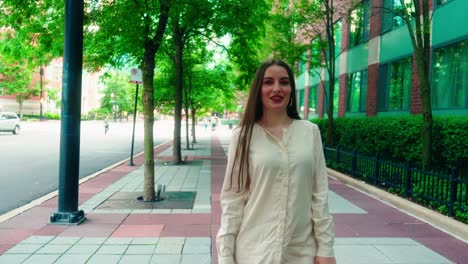 beautiful young girl feeling beautiful walks in chicago downtown, illinois usa