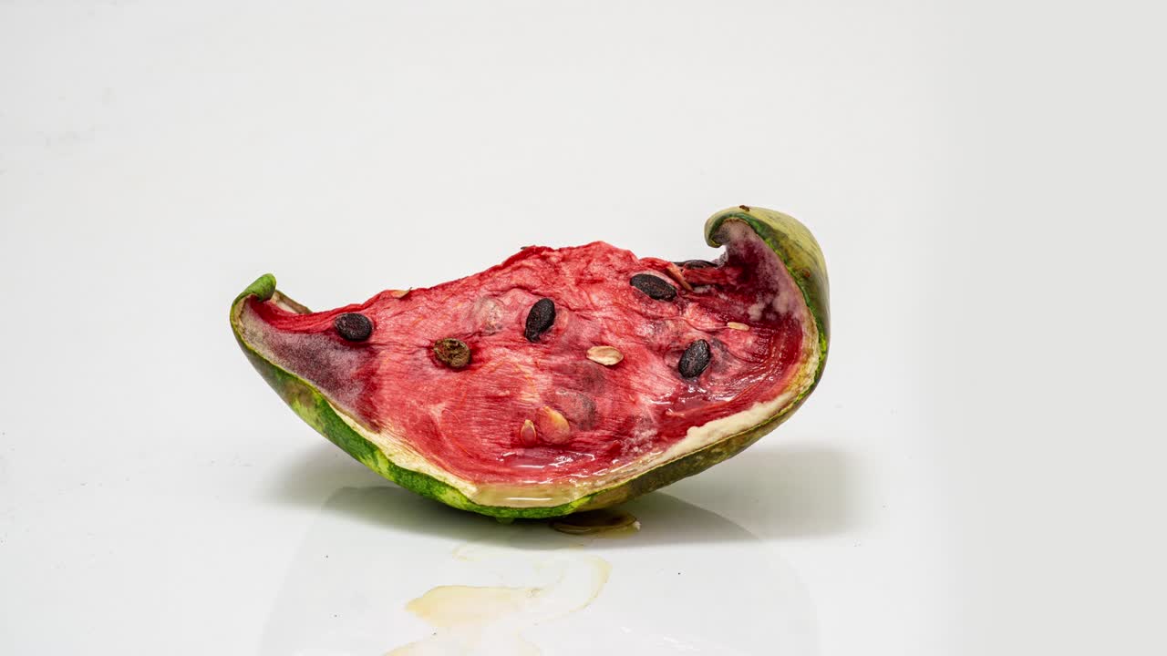 Pezzo di anguria matura marcisce su sfondo bianco, time-lapse, video educativo cognitivo