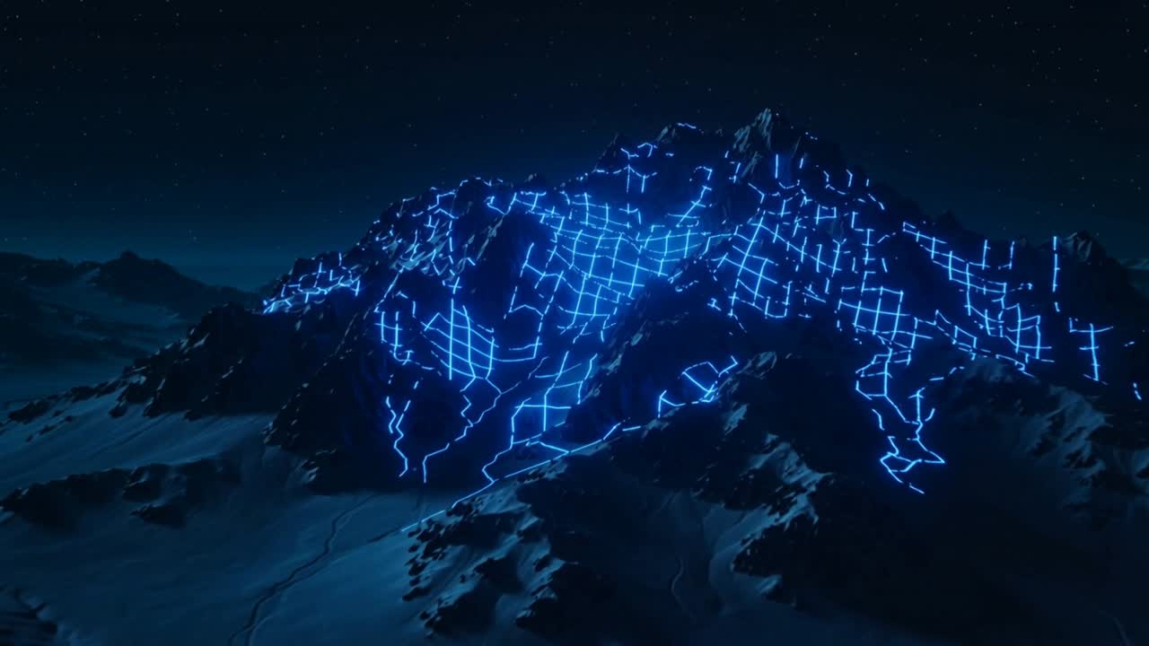 Glowing electric-blue grid spreading over snowy mountain at night, initiated by faint blue lines