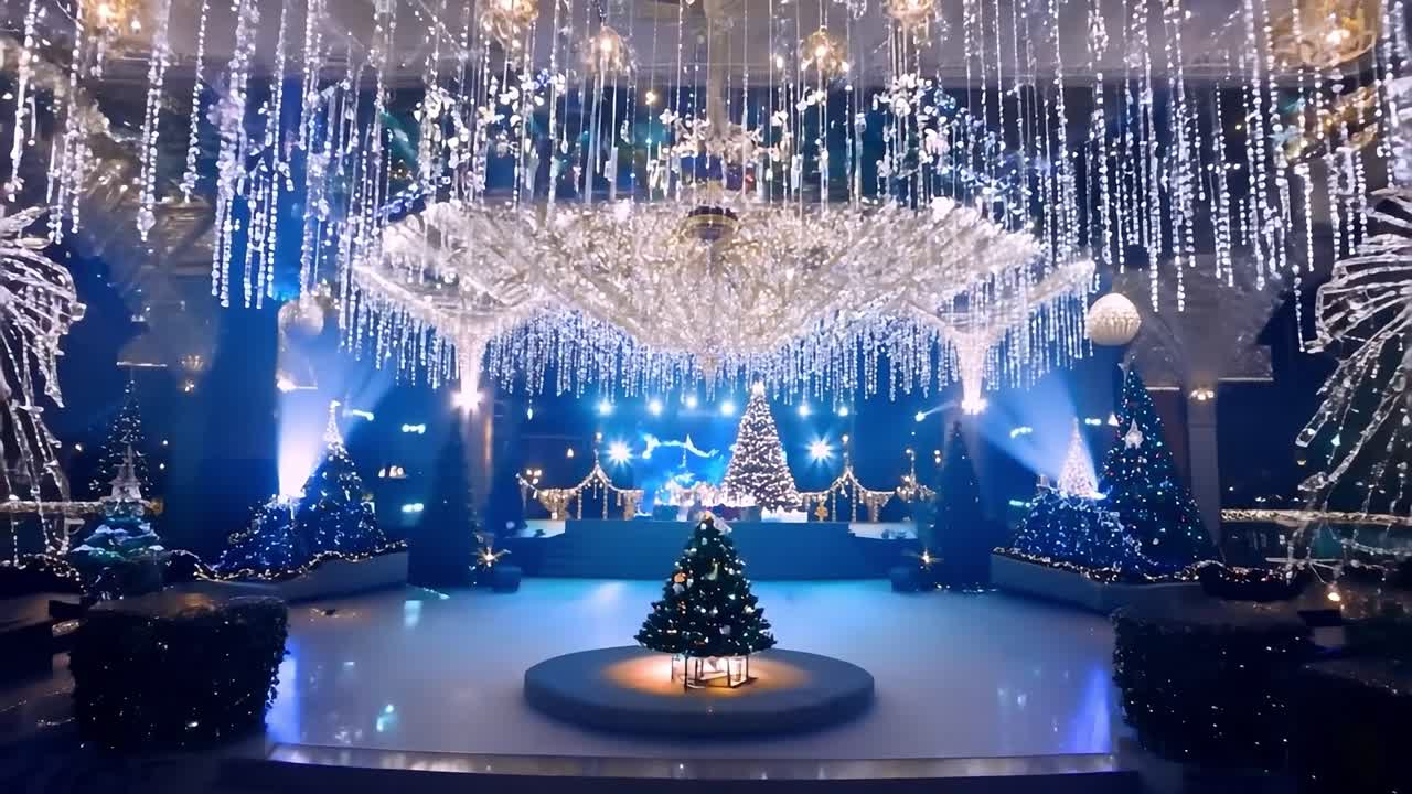 조명 기술자 들 은 우아 한 장식 과 활기찬 불빛 으로 축제적 인 크리스마스 파티 를 위해 고급스러운 호텔 무대를 준비 합니다.