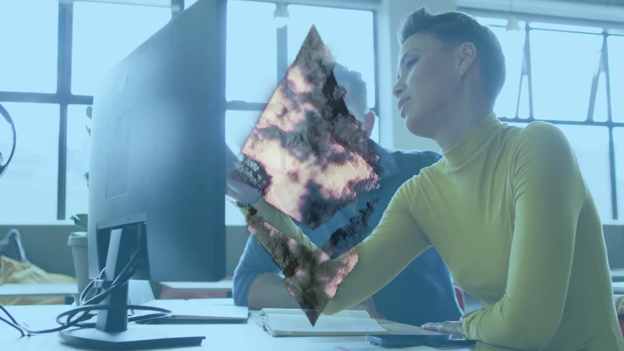 Ethereum logo animation over business people working on computer in office