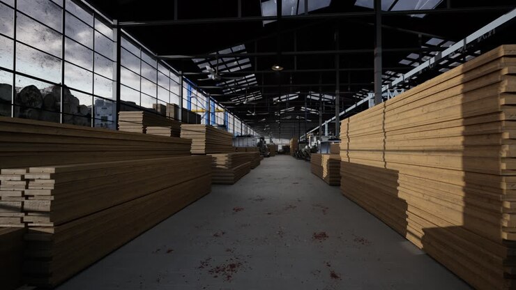 Pile di assi di legno in un grande magazzino industriale